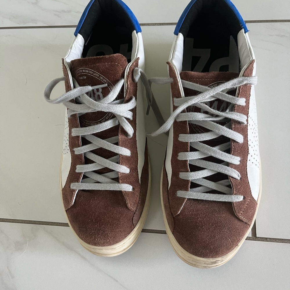 P448 Brown and White Sneakers with Blue Accents